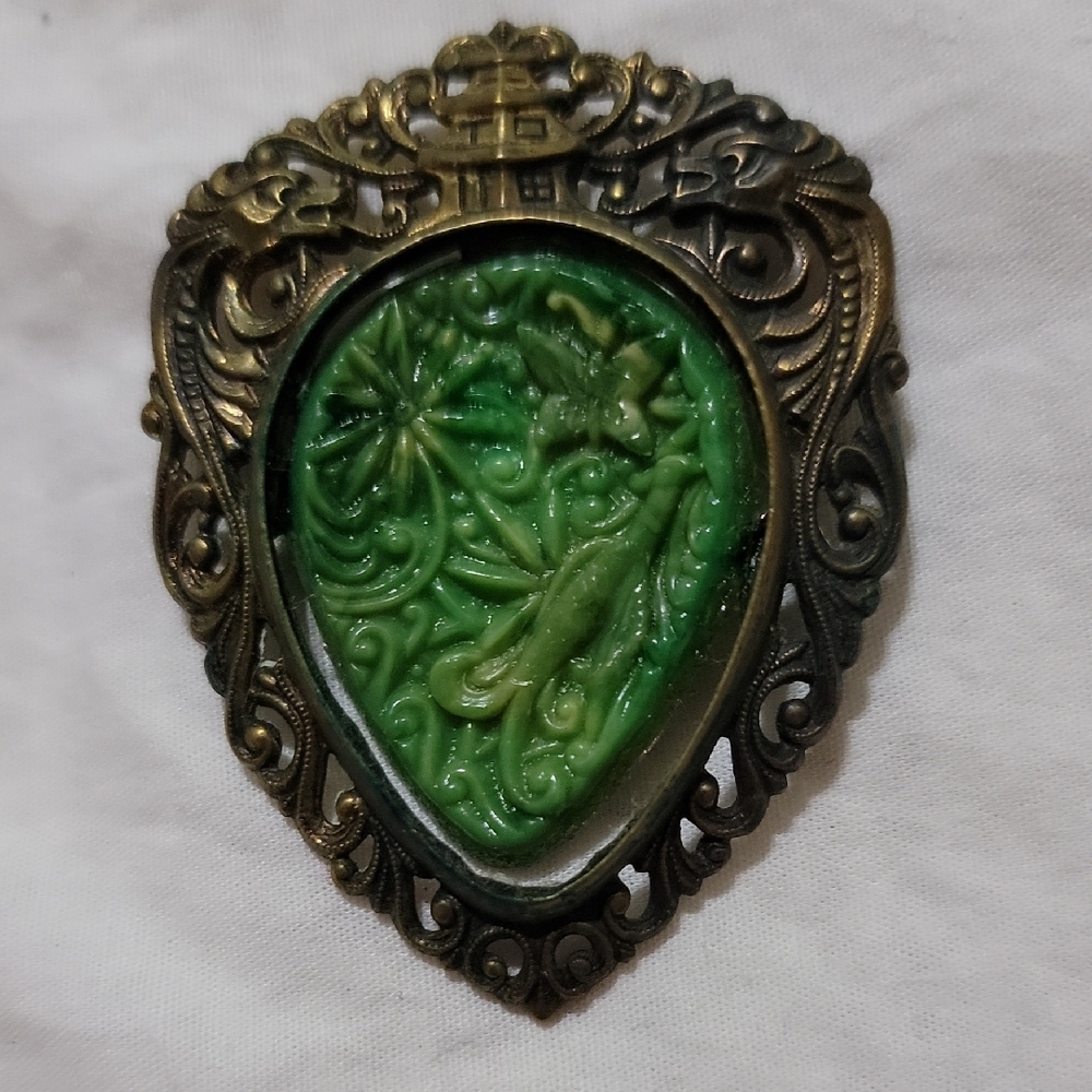 Vintage Brass? Dragon Temple Green Butterfly Flower Brooch